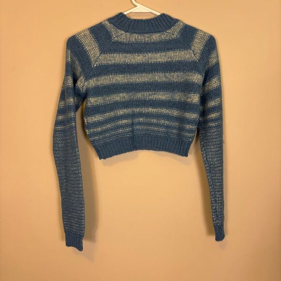 Zara Blue & White Striped Mock Neck Cropped Wool Blend Sweater Size Small - Picture 2 of 6